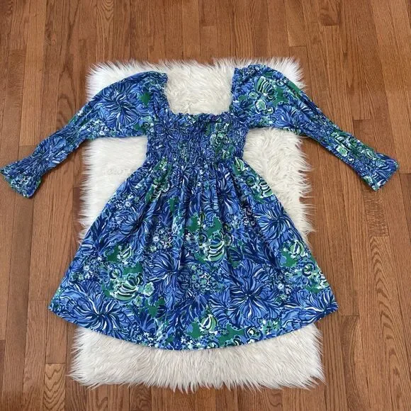 Lilly Pulitzer Beyonca Smocked Floral Mini Dress Women’s Small Blue Green Pocket - Picture 3 of 13